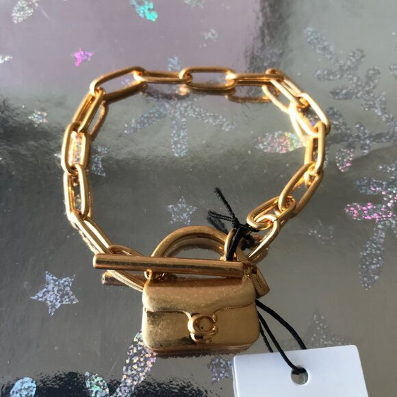 COACH MINI TABBY HANDBAG CHARM Matte Gold Tone Brass  Chain Bracelet  NWT - Picture 1 of 9